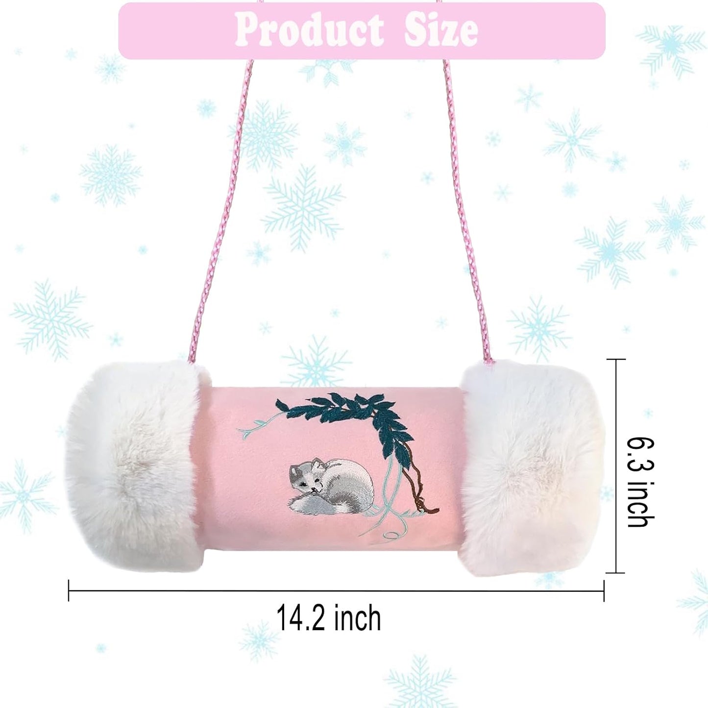 Faux Fur Hand Muffs for Women Girls, Portable Winter Hand Warmer Pouch with Pocket and Strap, Cute Pink Embroidery Pattern Hand Muffler for Cold Weather