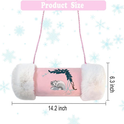 Faux Fur Hand Muffs for Women Girls, Portable Winter Hand Warmer Pouch with Pocket and Strap, Cute Pink Embroidery Pattern Hand Muffler for Cold Weather