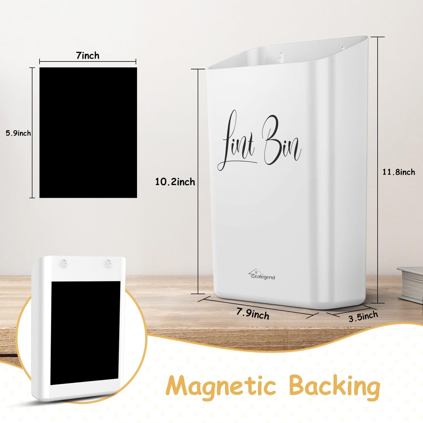 Sealegend Magnetic Lint Bin for Laundry Room Organization and Storage, Lint Trash Can for Laundry Room Decor, Wall Mounted Space-Saving, White