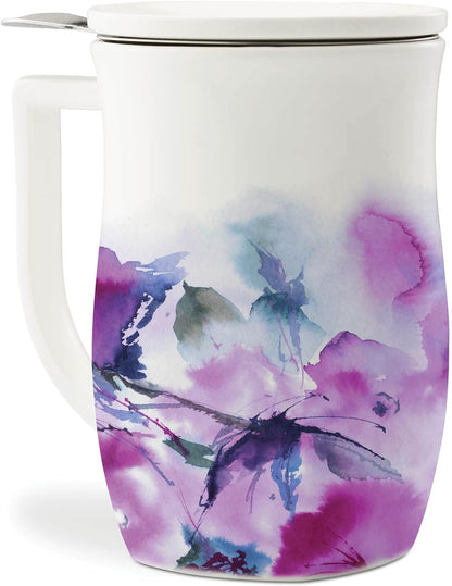 Tea Forte Ceramic Fiore Tea Cup with Infuser, Blue Agave, 14 oz | Insulated Ceramic - Stainless Steel Loose Leaf Infuser - Keeps Tea Hot Longer - Lid Included - Microwave & Dishwasher Safe