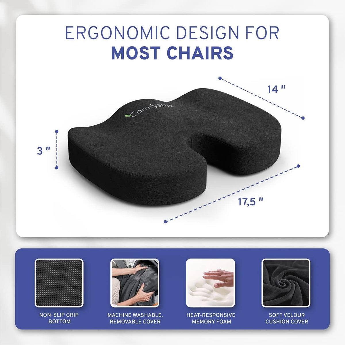 Memory Foam Seat Cushion - Tailbone Pain Relief Cushion, Non-Slip Sciatica Pain Relief Pillow - Cushion for Office Chair, Car, Wheelchair, Computer, Desk Chair - Coccyx, Lower Back Support (Navy)