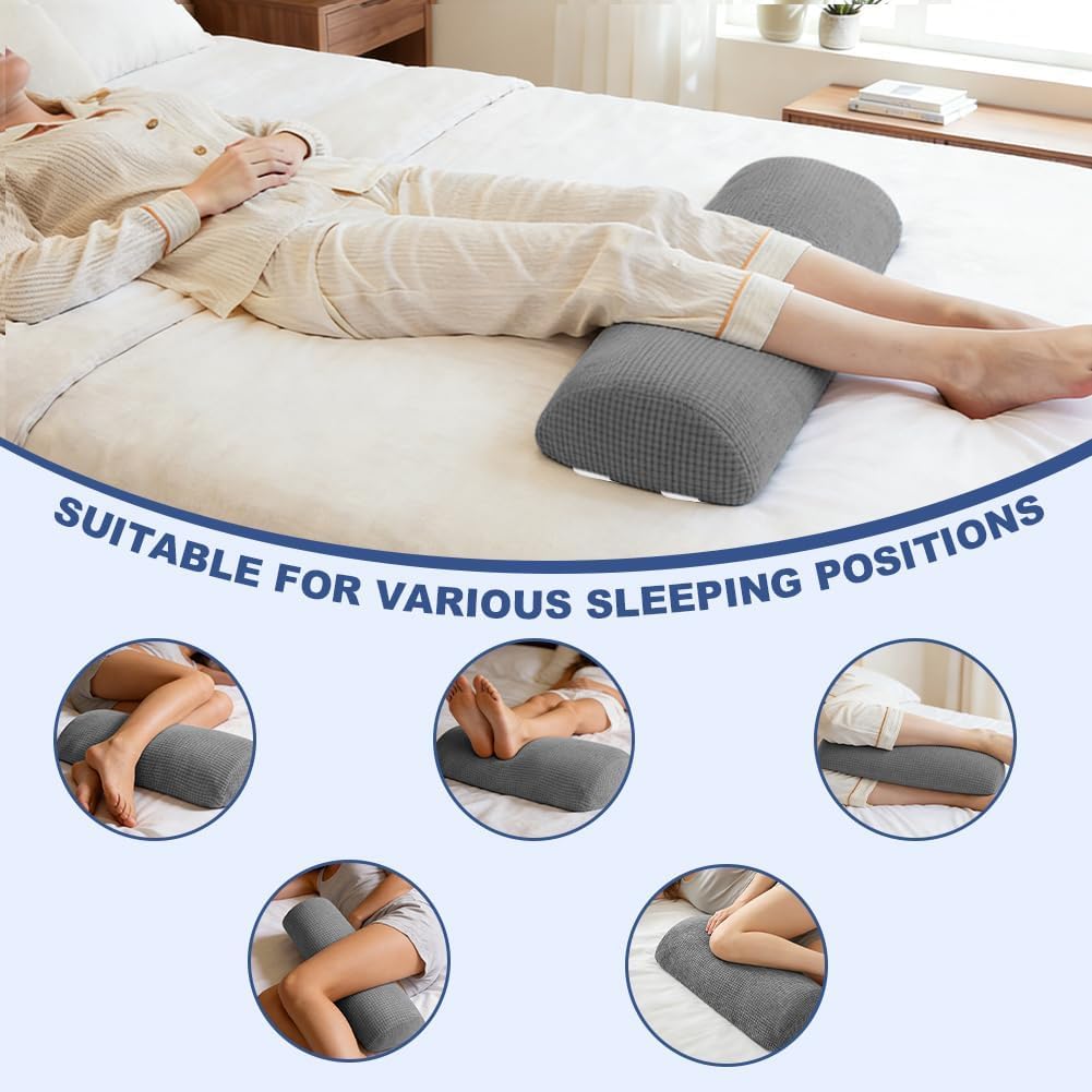 Half Moon Bolster Pillow with Straps, Knee Pillow for Back Sleeping, Under Knee Pillow for Sleeping, Relieves Pain in Legs and Knees, Machine Washable Cover, 24" X 10" X 4", Grey