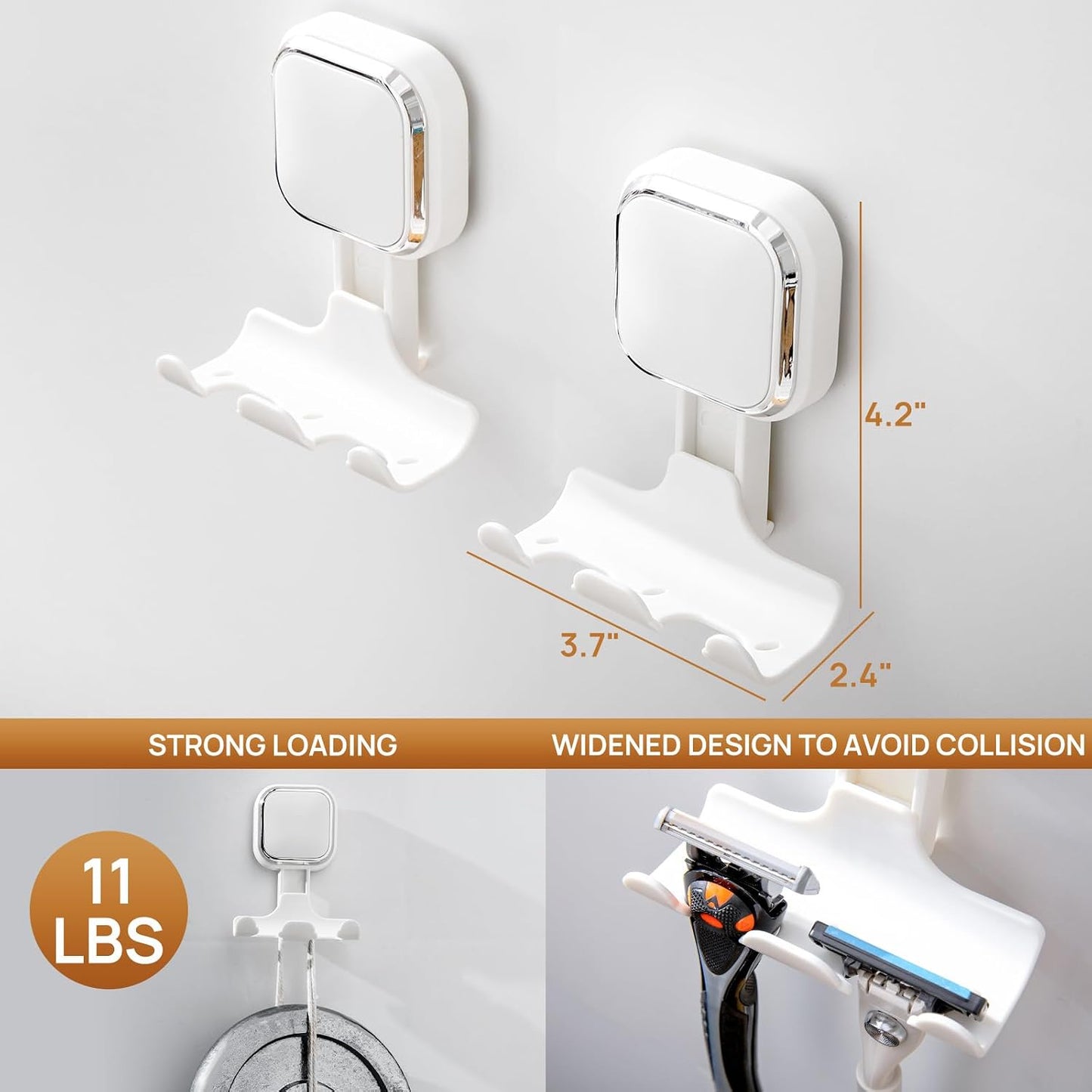 Razor Holder for Shower 2 Pack, Powerful Vacuum Suction Cup Hook for Towel, Loofah, Razor, Squeegee, Damage-Free Wall Shower Hook, Shaver Holder for Bathroom, Easy to Install and Reuse, Black