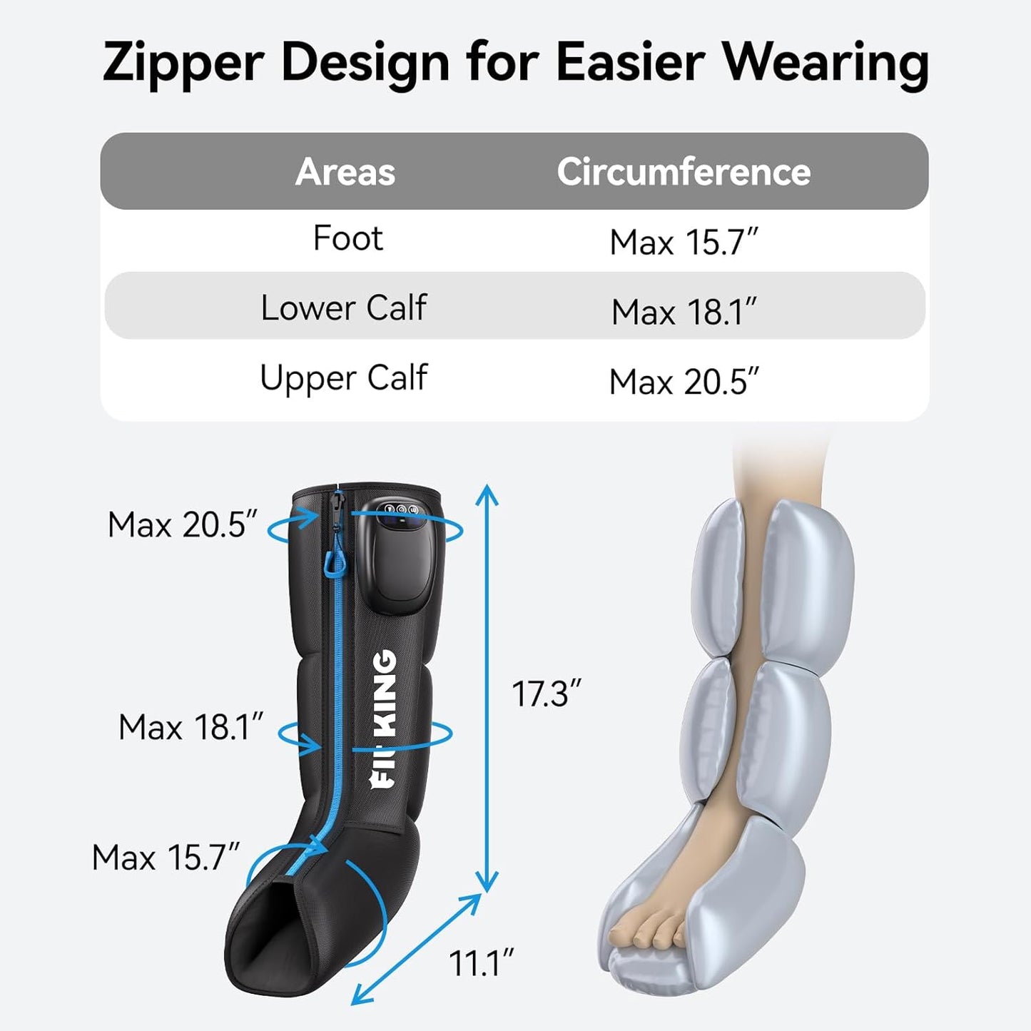 FIT KING Cordless Foot and Calf Massage Boots, Recovery System | Air Compression Leg Massager with 3 Modes and 6 Intensities, Zipper Wearing, Rechargeable for Both Home and Outdoor Use