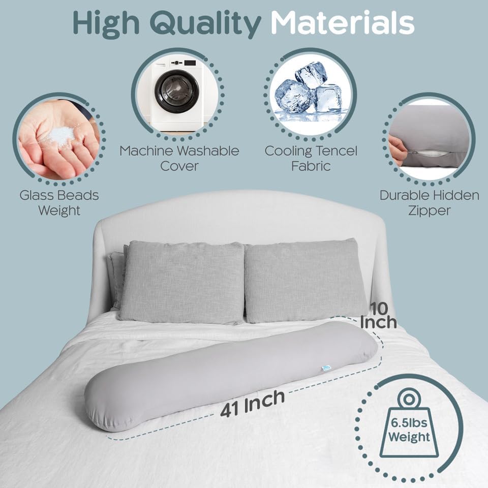 Weighted Body Pillow 6.5lbs, Cooling Tencel Cover, 41” x 10” | Calming Weighted Comfort, Breathable Cooling Cover, Machine Washable, Made for Side Sleepers, 12 Month Warranty