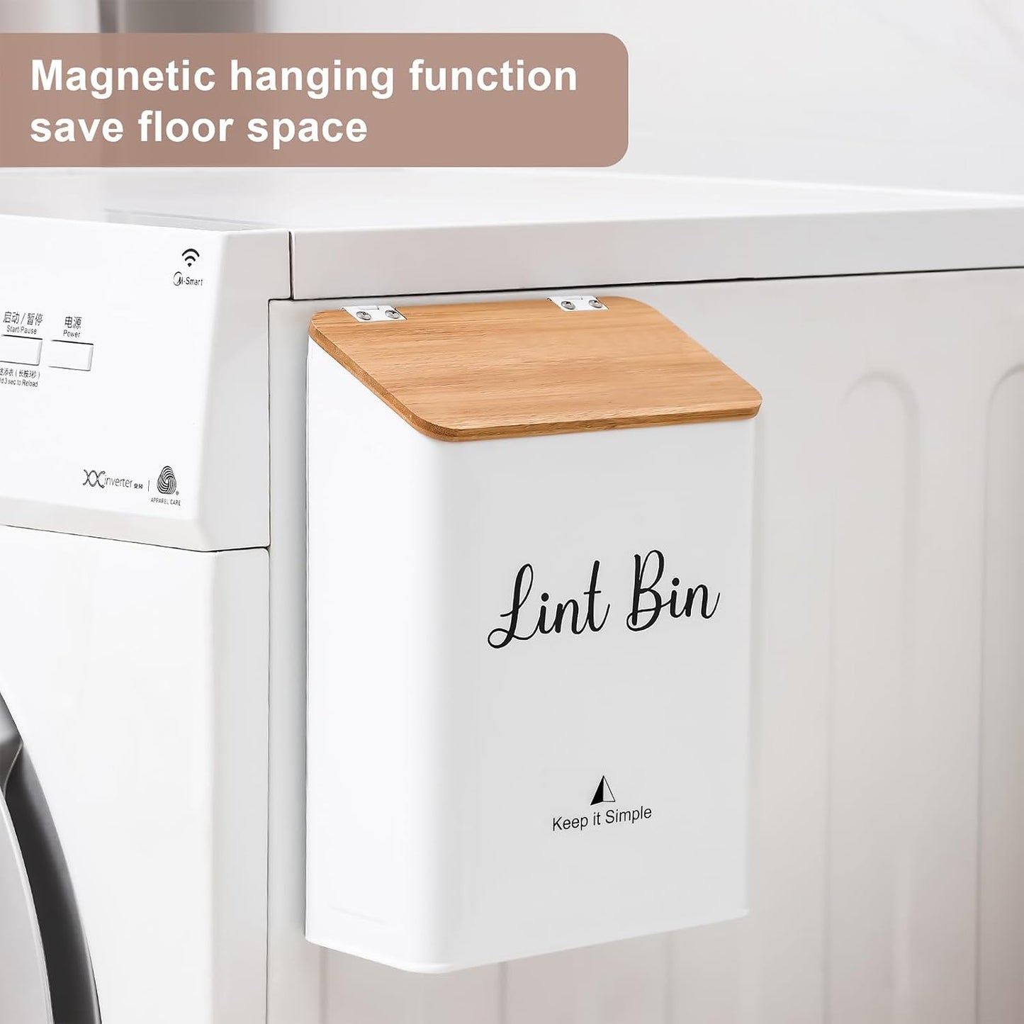SUBEKYU Magnetic Lint Bin for Laundry Room Organization and Storage,White | Wall Mounted Metal Lint Box Holder Trash Can with Bamboo Lid for Dryer,Lint Basket for Laundry Room Decor
