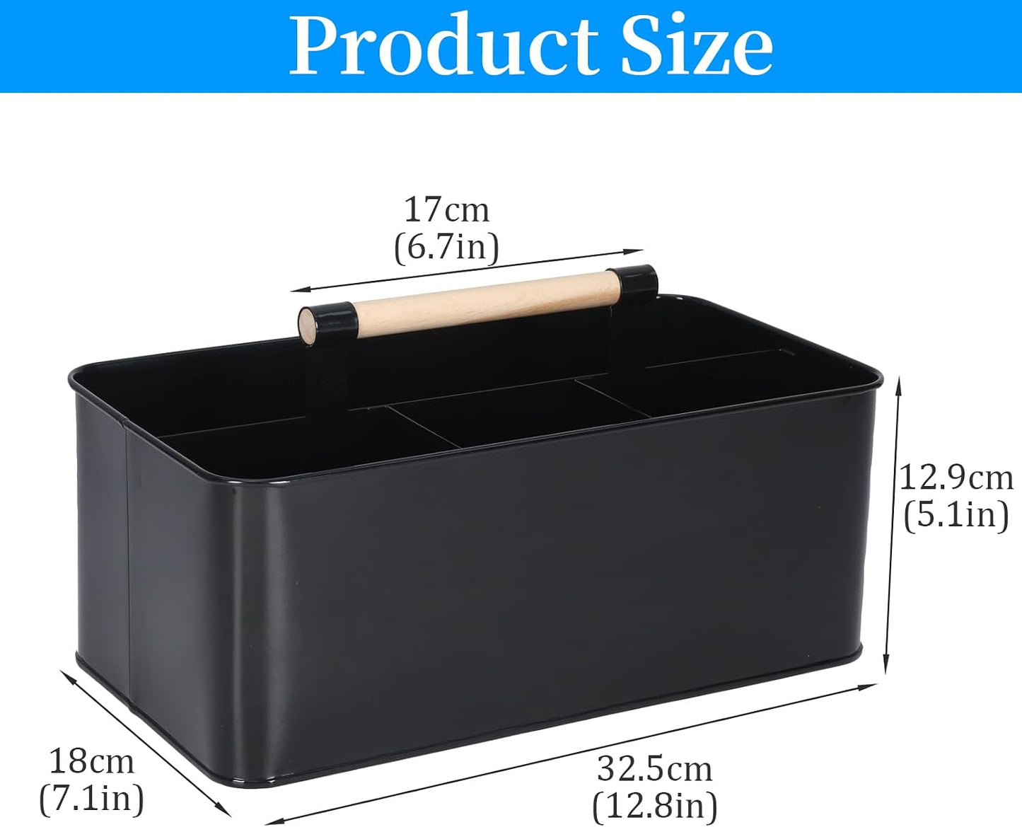Cleaning Caddy with Handle, Black Metal Supply Organizer | Metal body, 12.8 in caddy, bathroom and under sink storage, wooden handle, divided layout, smooth rounded edges