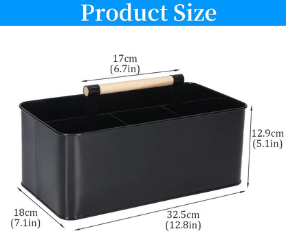 Cleaning Caddy with Handle, Black Metal Supply Organizer | Metal body, 12.8 in caddy, bathroom and under sink storage, wooden handle, divided layout, smooth rounded edges
