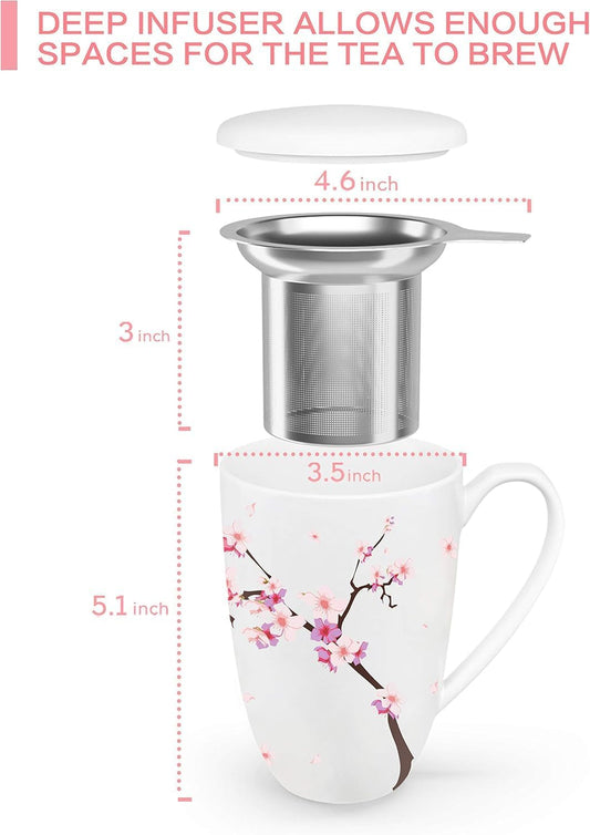 Tea Cup with Infuser and Lid for Steeping Loose Leaf Tea Bag Coffee Milk Women Office Home Gift 16oz Peach Blossoms