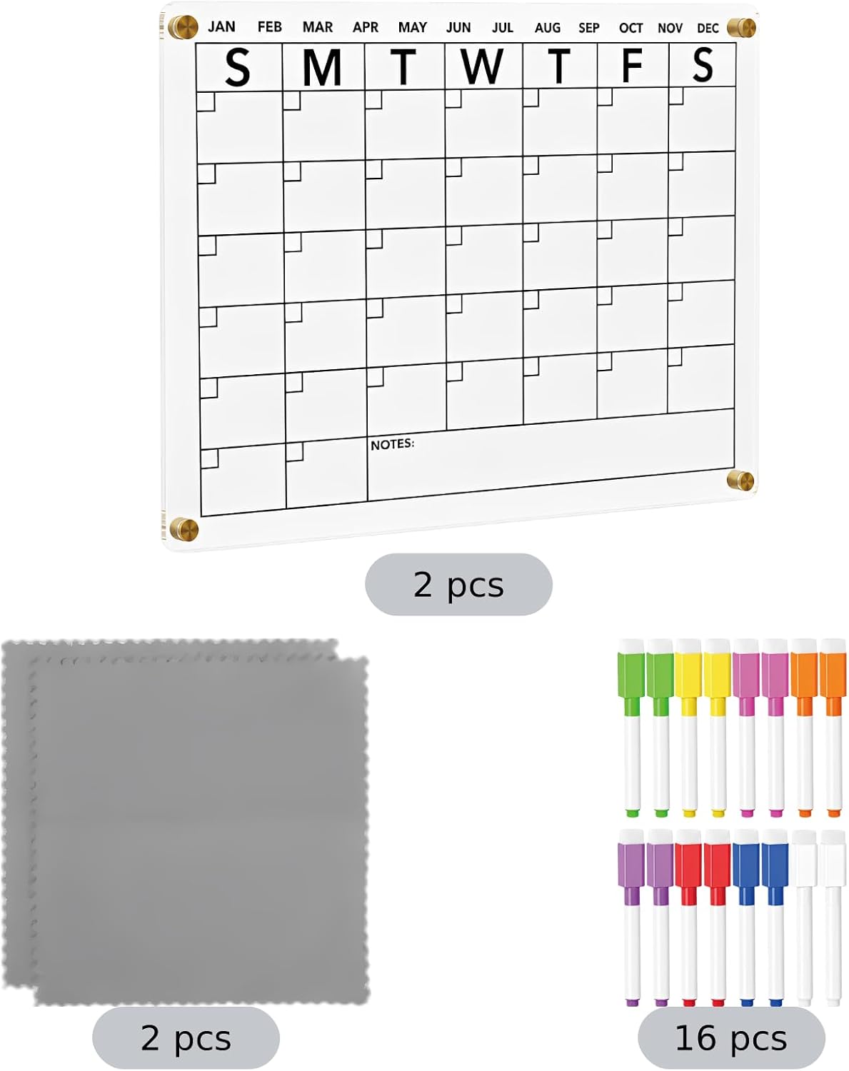 2 Pcs Chore Chart, Clear Acrylic Dry Erase Metal-Adhering Board with 16 Markers and 2 Towels, for Family Weekly Task Planning, Refrigerator and Kitchen Schedule