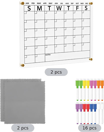 2 Pcs Metal-Adhering Chore Chart, Clear Acrylic Dry Erase Boards with 16 Markers, for Family Weekly Task Planning, Refrigerator, Kitchen Schedule, 11.8 x 7.9 in