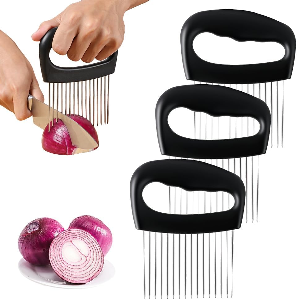 Onion Holder for Slicing, Stainless Steel Onion Slicer Holder, 2025 New Upgraded Tamato Slicer Vegetable Cutter Kitchen Gadeget Chopper Assistant Tool for Potato Lemon Fruit and Meat (2pcs)