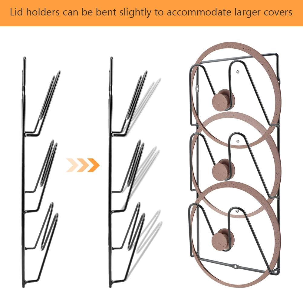 Pot Lid Organizer 2 Pack, Wall Mount Cabinet Door Lid Rack | 3-tier iron racks for pot lids, pan lids, baking sheets, trays, and cutting boards; adhesive or screw mount