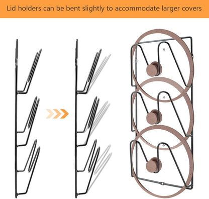 Pot Lid Organizer 2 Pack, Wall Mount Cabinet Door Lid Rack | 3-tier iron racks for pot lids, pan lids, baking sheets, trays, and cutting boards; adhesive or screw mount