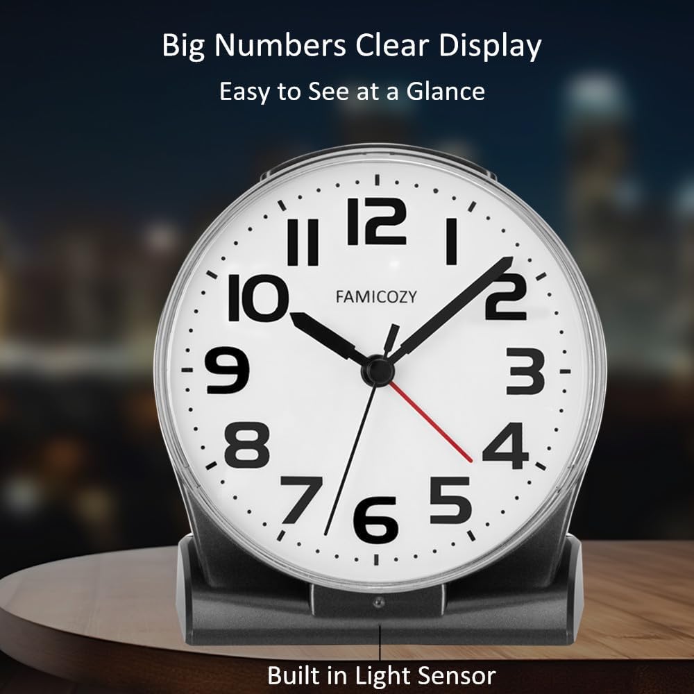 FAMICOZY Automatically Backlighted Alarm Clock,Silent No Ticking for Seniors Vision Impaired,Easy to Set,Big Numbers,Ascending Alarm,Gentle Wake,Snooze,2 AA Battery Operated,Black