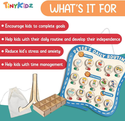 TinyKidz Wooden Daily Routine Chart 11x15, Schedule Board for Kids, Wooden Chore Chart for Kids, Responsibilities Chart for Toddlers, Morning Bedtime Routine for Toddlers