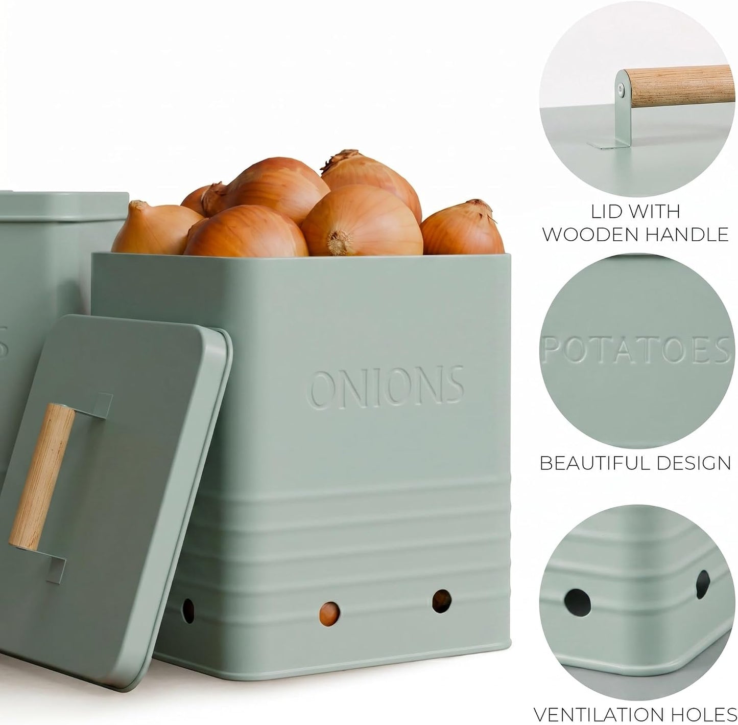 Beautiful Potato and Onion Storage Container Set - Food Safe Metal Bins | Spacious 10.1" and 8.9" Canisters for Your Kitchen Counter or Pantry - Keeps Produce Fresh Longer