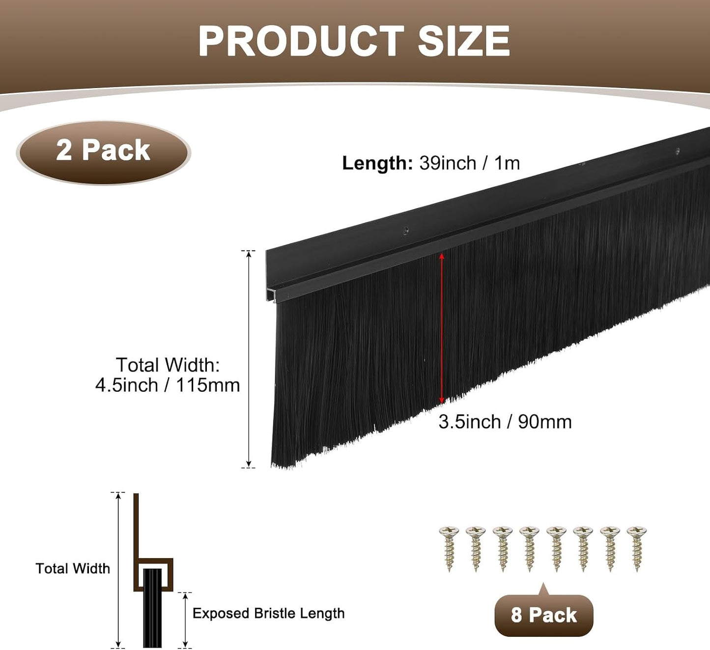 M METERXITY 2Pack Door Sweep - 39" Door Bottom Brush Heavy Duty Seal Draft Stopper Aluminum Base with 20mm Brush, Adhesive/Screw Installation for Interior/Exterior/Garage/Sliding Doors, Black