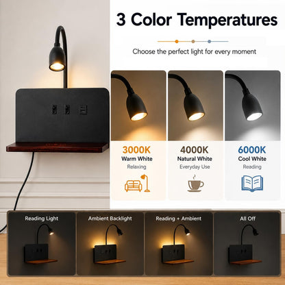 Bedside Wall Sconce with Wireless Charging Station & USB Charging, 3 Adjustable Color Temperatures LED Reading Light, 3000K Warm Ambient lighting Wall Mounted Sconce for Bedroom, Plug-in or Hardwired