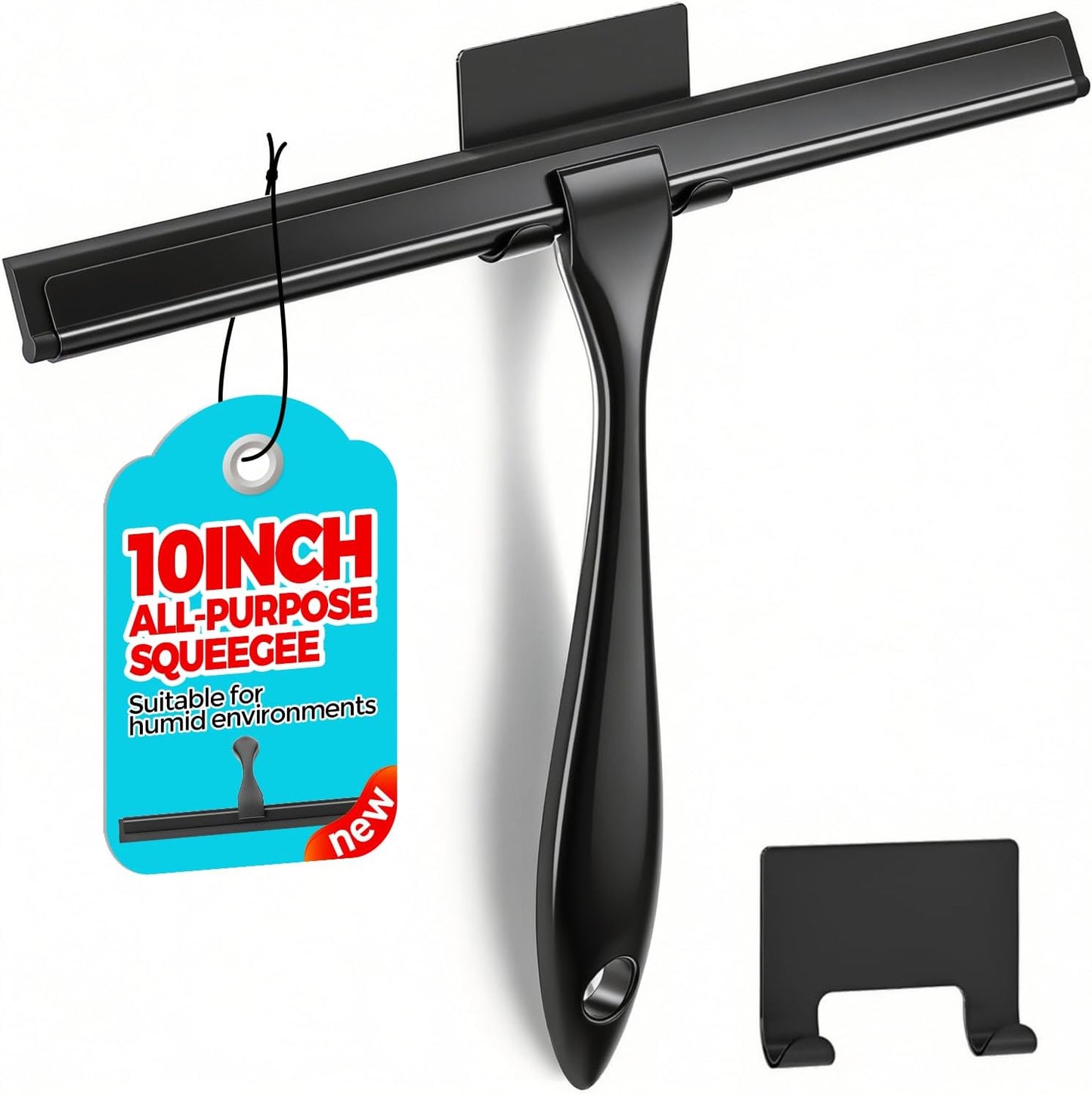 12" Shower Squeegee for Glass Doors, Tile Walls, Car Windows, Silver | Bathroom Accessories, New Home Essentials, Silicone Blade, Metal Handle, Adhesive Hook, Household Tool, Multipurpose Cleaner