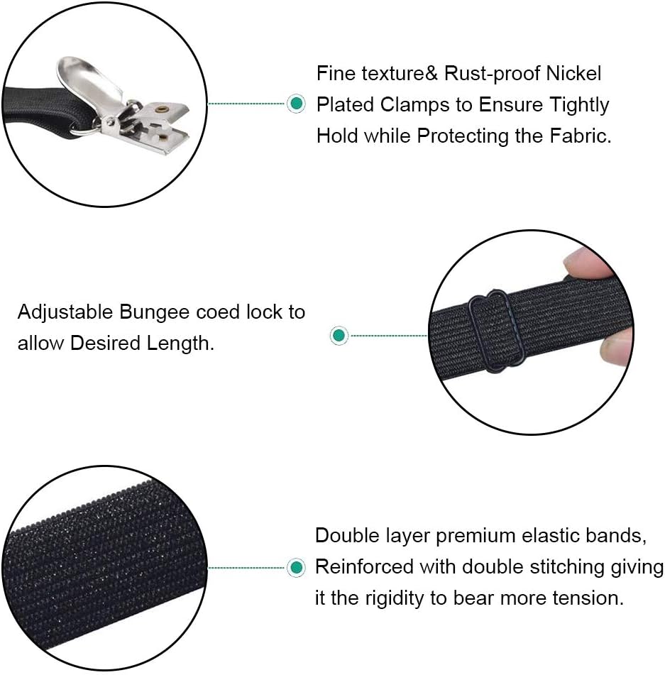 Adjustable Bed Sheet Straps Clips, Elastic Mattress Sheet Fasteners Holder and Suspenders, Grippers to Hold Sheet, Mattress, Sofa, Couch, Table Cloth, Ironing Board Cover, Black