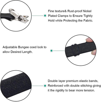 Adjustable Bed Sheet Straps Clips, Elastic Mattress Sheet Fasteners Holder and Suspenders, Grippers to Hold Sheet, Mattress, Sofa, Couch, Table Cloth, Ironing Board Cover, Black
