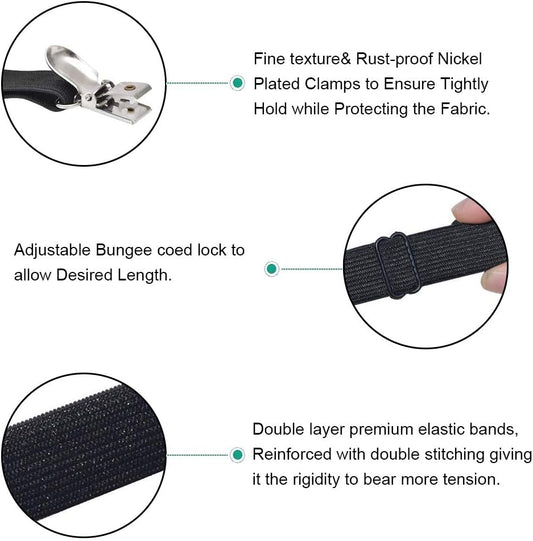 Adjustable Bed Sheet Straps Clips, Elastic Mattress Sheet Fasteners Holder and Suspenders, Grippers to Hold Sheet, Mattress, Sofa, Couch, Table Cloth, Ironing Board Cover, Black