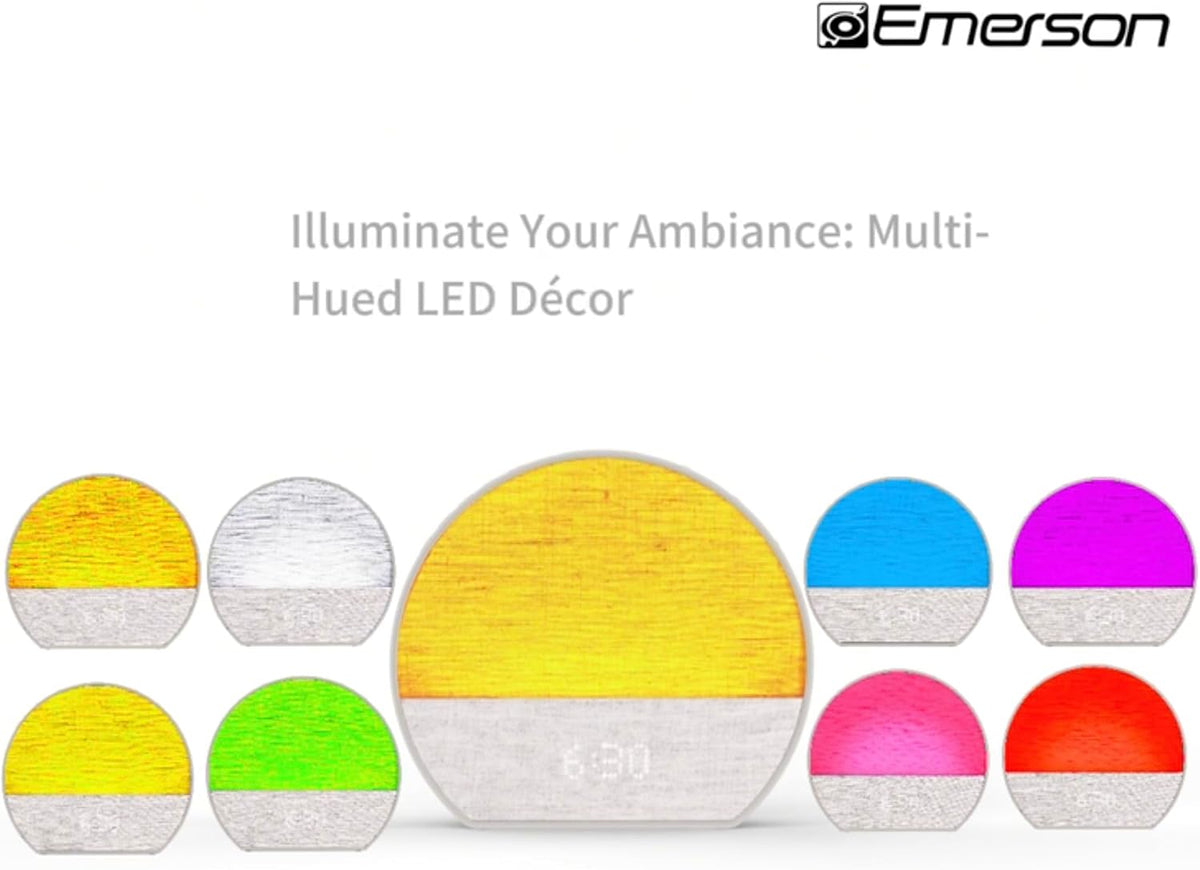 Emerson Sunrise SmartSet Dual Alarm Clock with Nature Sounds and White Noise, Dimmable 8-Color LED Display, Bluetooth Speaker, 4 Soothing Sounds, 2 Alarm Sounds, LED Clock Display, FM Radio