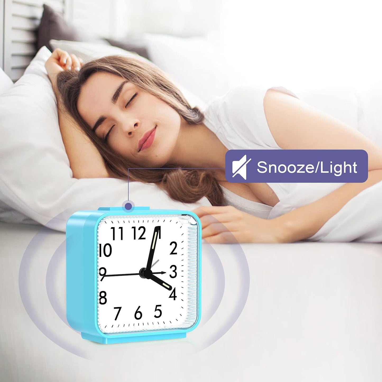 Analog Alarm Clock, Bedside Clocks Battery Powered, Silent Non Ticking Travel Clock with Night Light, Snooze, Easy Set, Clock for Heavy Sleepers Kids Elder Travel Bedroom Office, Pink