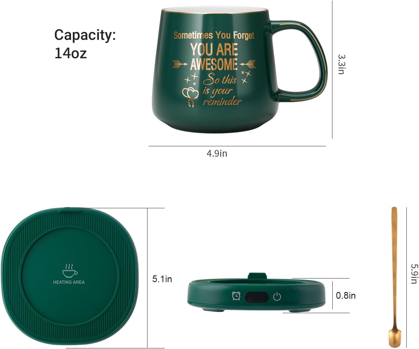 Coffee Mug Warmer & Pure Black Mug Set, Electric Cup Warmer for Desk | Beverage Warmer Plate for Coffee,Tea,4 Temperature Setting,8-Hours Auto Shut Off,14oz Mug with Spoon & Bamboo Lid Included