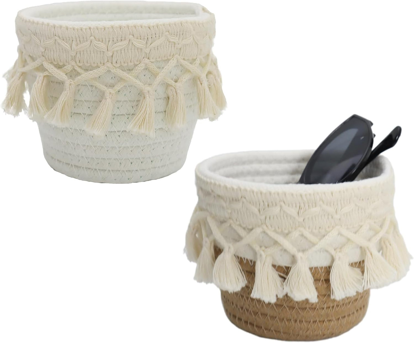 2Pcs Crochet Glasses Holder for Nightstand Macrame Knit Eye Glass Organizer Mini Storage Basket Stand with Tassels for Eyeglass Makeup Brush Desk Table Office