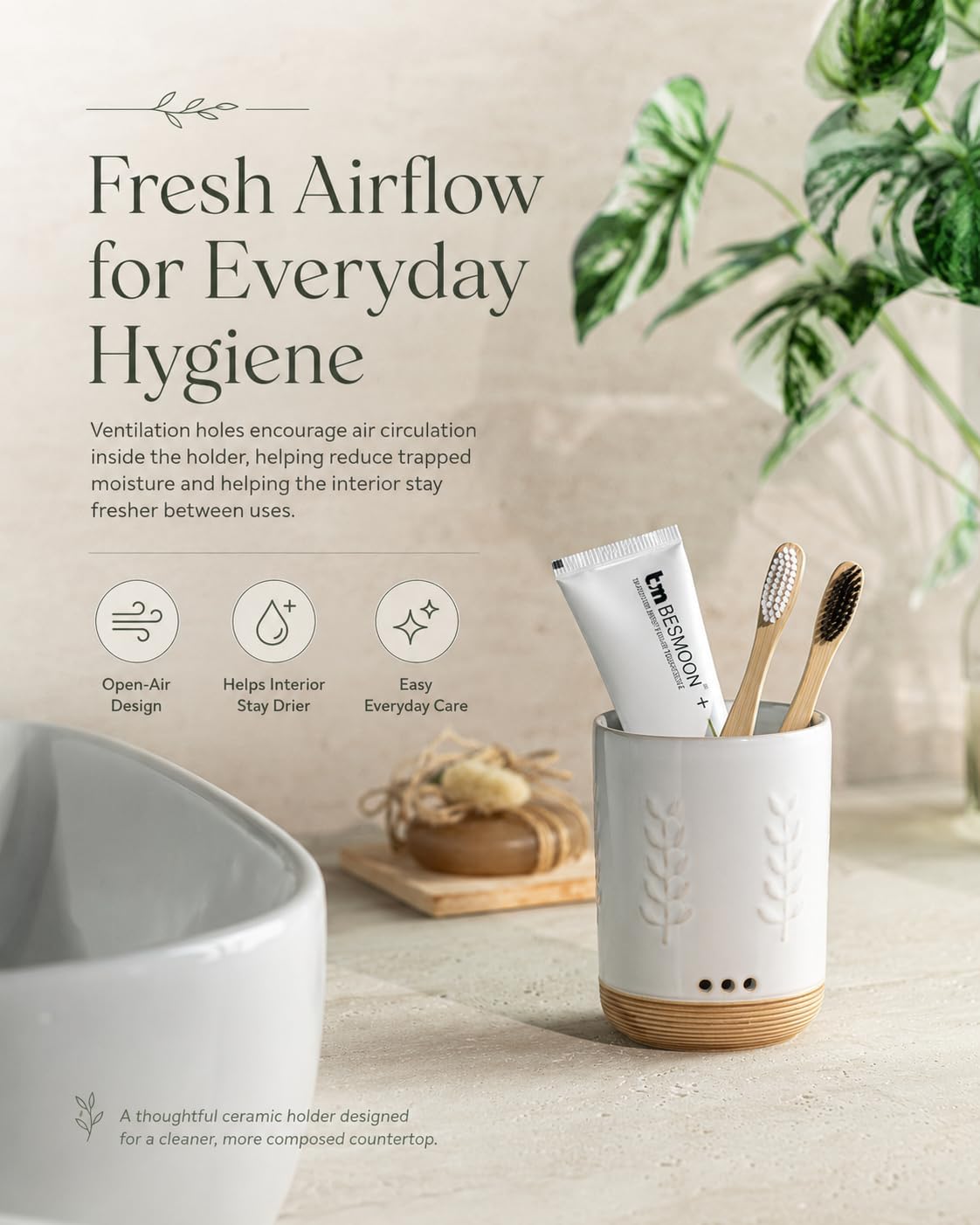 LYEOBOH Ceramic Toothbrush Cup, Cute Toothbrush Holder with Drainage White | Farmhouse Toothbrush Container, Countertop Toothbrush Organizer, Toothbrush Storage for Bathroom Vanity & Countertop