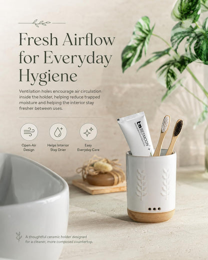 LYEOBOH Ceramic Toothbrush Cup, Cute Toothbrush Holder with Drainage White | Farmhouse Toothbrush Container, Countertop Toothbrush Organizer, Toothbrush Storage for Bathroom Vanity & Countertop