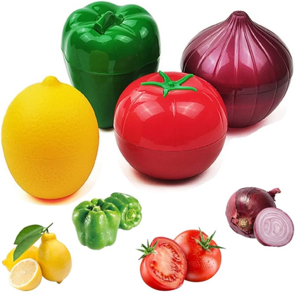 OUKEYI Onion, tomato, lemon, green pepper 4 PCS Vegetable and Fruit Storage Containers for Fridge,，Reusable SiliconeRefrigerator Box Storage Bowls Saver Holder Keeper