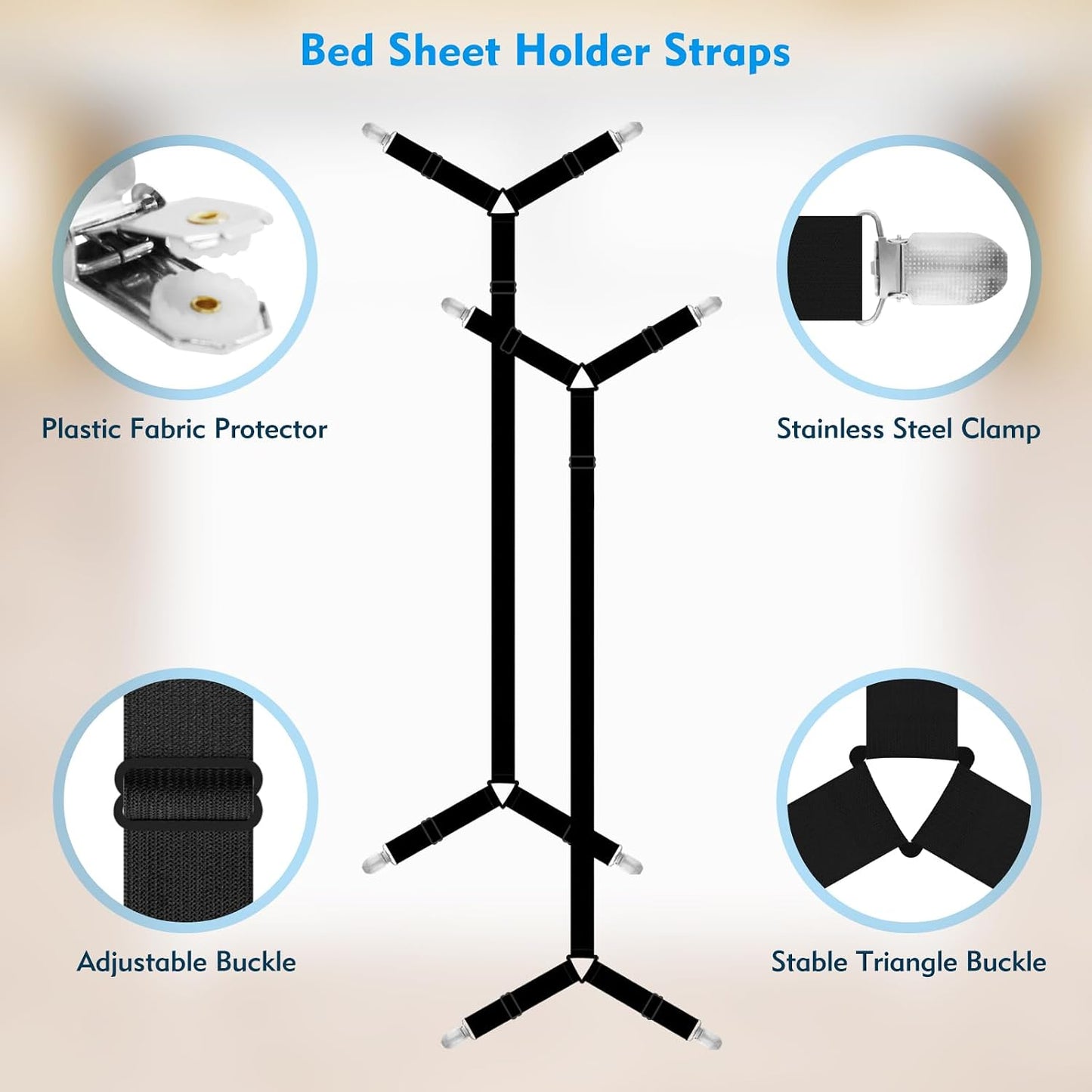 Bed Sheet Straps, 2Pcs Elastic Adjustable Bed Sheet Holder Straps, Fitted Sheet Straps to Hold Sheets in Place with Metal Clips, Sheet Holders for Mattress Cover, Sheet, Sofa Cushion (Black)