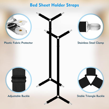 Bed Sheet Straps, 2Pcs Elastic Adjustable Bed Sheet Holder Straps, Fitted Sheet Straps to Hold Sheets in Place with Metal Clips, Sheet Holders for Mattress Cover, Sheet, Sofa Cushion (Black)