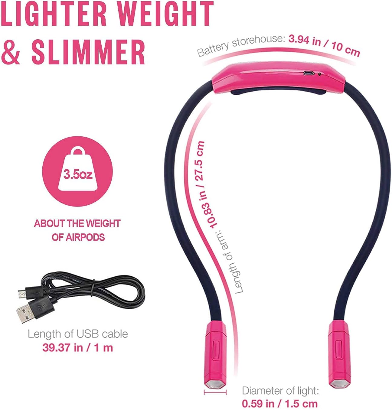 Vekkia Lightweight Neck Reading Light - 3 Colors, 9 Brightness | For Bed Reading, Knitting, Sewing, Crafting. Appeals to Repair & Craft Fans （Pink)
