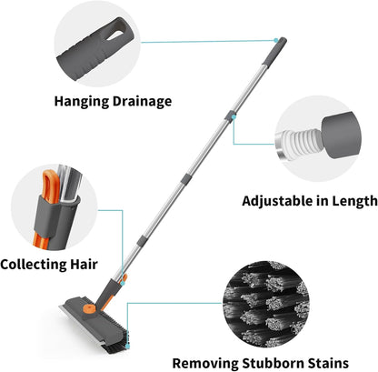 AIR U+ Floor Scrub Brush with Long Handle, 3-in-1 Rotating Head & Squeegee | Stiff Dual-Sided Bristle Scrubber for Shower, Bathroom, Kitchen and Patio, 30–50 In Handle for Easier Stand-up Cleaning