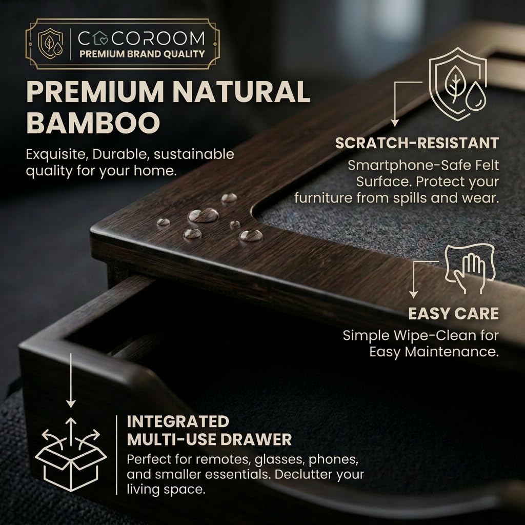 Sofa Arm Tray with Drawer, Bamboo Couch Armrest Table, Natural | Anti-slip phone pad | Wood finish | Hidden storage for remote, glasses, snacks | Fits armchair, recliner, chair, arm rests