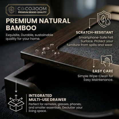 Sofa Arm Tray with Drawer, Bamboo Couch Armrest Table, Natural | Anti-slip phone pad | Wood finish | Hidden storage for remote, glasses, snacks | Fits armchair, recliner, chair, arm rests