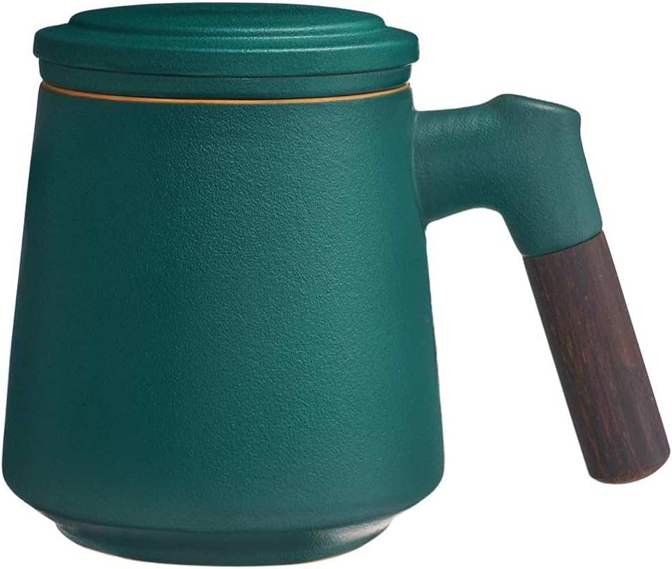 ZENS Tea Cup with Infuser and Lid & Coaster for Tea Steeper, 15oz Blue | Embossed Ceramic Tea Infuser Mug for Loose Leaf Tea Difussers, Tea Lovers Gifts, Nature Wood Handle