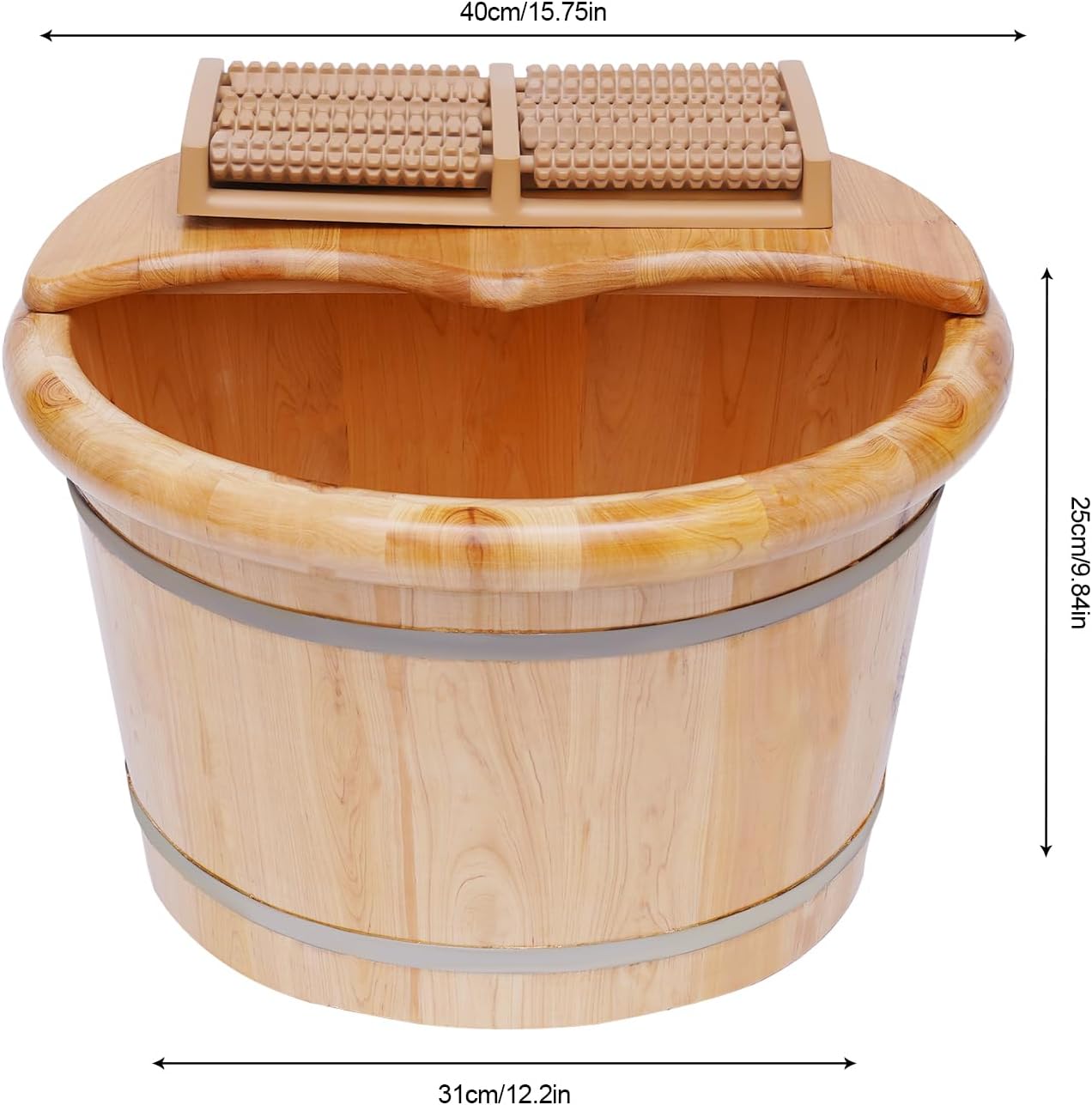 Cedar Wood Foot Spa Bath Bucket with Shiatsu Massage Roller & Lid - 30 Min Heat Retention, Natural Wooden Soaking Tub for Relaxation, Great for Parents