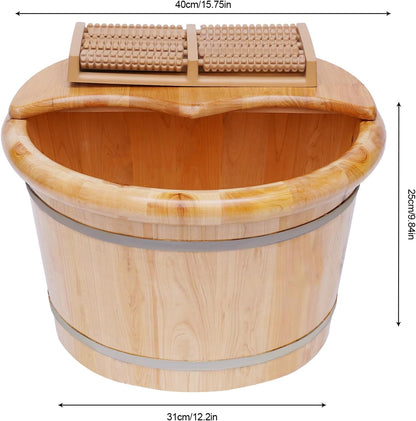 Cedar Wood Foot Spa Bath Bucket with Shiatsu Massage Roller & Lid - 30 Min Heat Retention, Natural Wooden Soaking Tub for Relaxation, Great for Parents