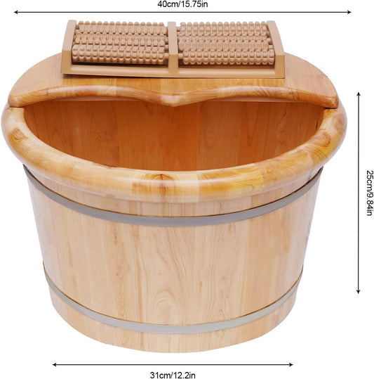 Wooden Foot Bath Basin, Health Foot Massage Barrel Feet Spa Soak Bucket w/Roller