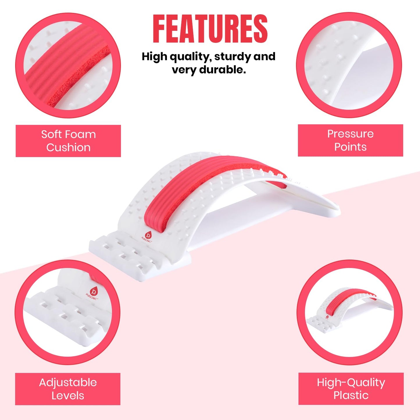 Pursonic Premium Back Stretcher for Pain Relief and Posture Correction - Adjustable Design with Cushioned Foam Padding – Personalized Spinal Alignment for Office Chair, Sofa, or Floor Use - Durable (WHITE)