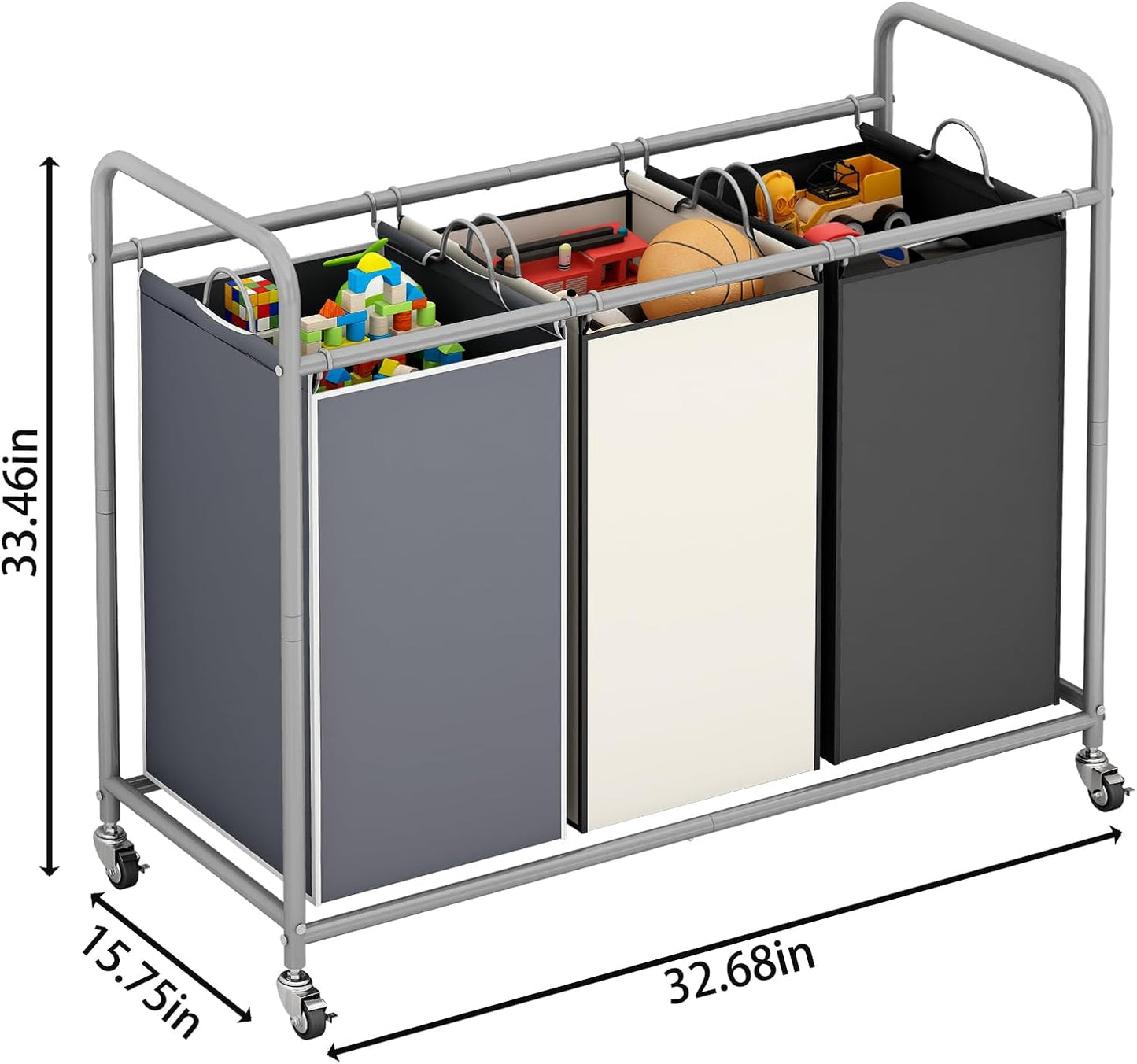 LINZINAR 3 Section Laundry Hamper, Black Laundry Basket 135L Laundry Sorter | Laundry Room Organization with Heavy Duty Rolling Lockable Wheels and Removable Bag, Bedroom Laundry Cart for Clothes Storage