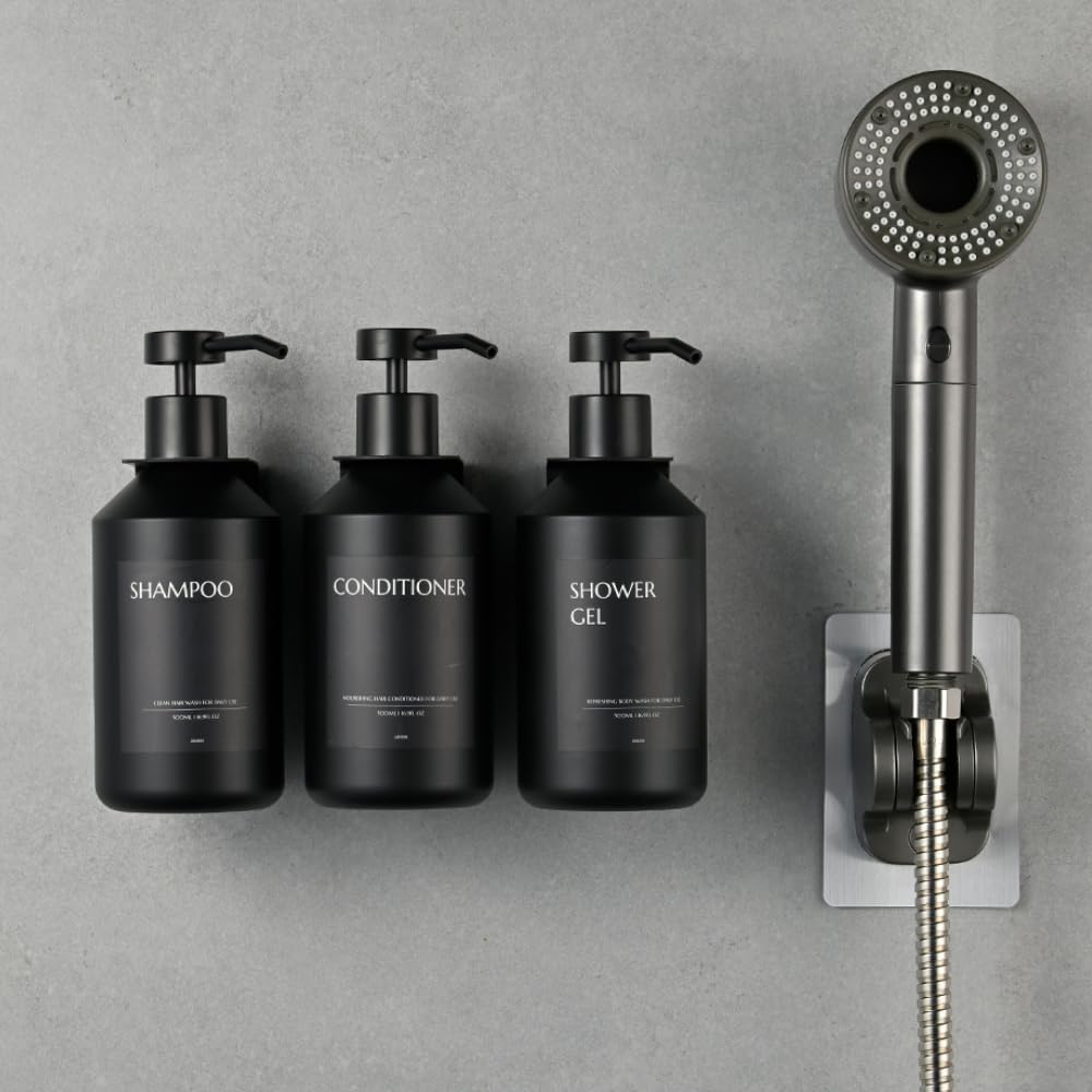 Shampoo and Conditioner Dispenser Set of 3 for Wall Mount | 16.9 fl oz Drill Free Shower Soap Bottles,Refillable Body Wash Dispensers for Bathroom Decor (Amber Bottles + Bamboo Pumps)