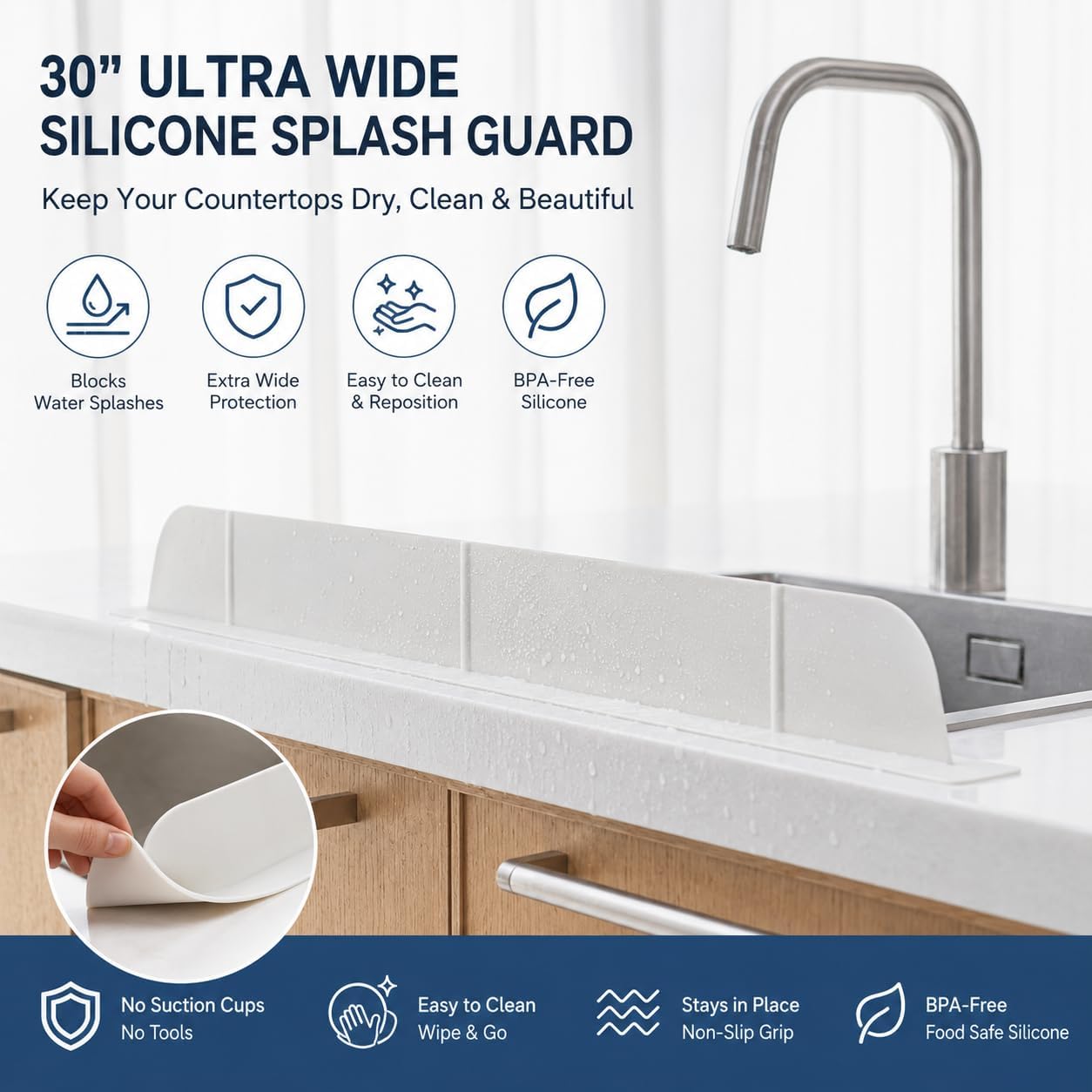 30 inch(75cm) Premium Kitchen Sink Silicone Water Splash Guard SIZE UPGRADE 30" and new package - NO Suction Cups, Ultra Wide 30" - Made in Korea (Ultra Wide Eco Gray)