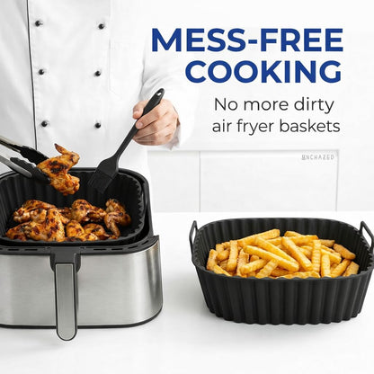 Reusable Silicone Air Fryer Liners 4 PCS Set | 2-Pack 8-Inch Square Liners with Tongs & Basting Brush | Compatible with Ninja AF141 AF181, COSORI & More | Food-Grade Accessories for 5–7 QT Baskets