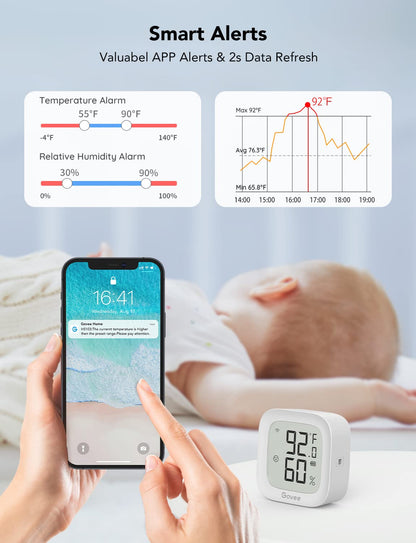 Govee WiFi Thermometer Hygrometer H5103 with Electronic Ink Display | Temp and humidity monitor with alert, 2.4G WiFi & Bluetooth, 2-yr data export. For bedroom, wine cellar, basement